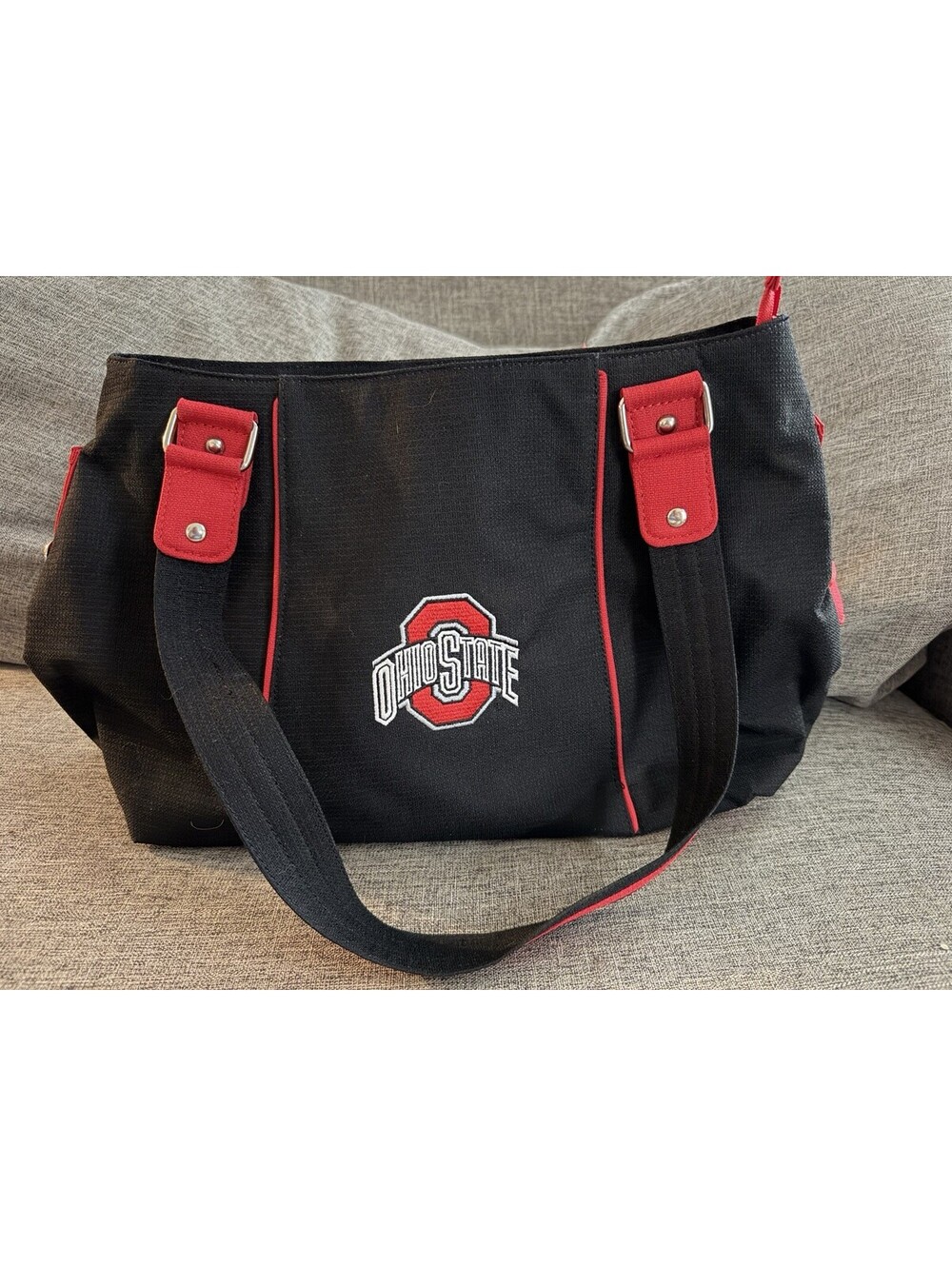 Ohio State Buckeyes Bowler Bag Purse Black Red Canvas Embroidered Logo Handbag